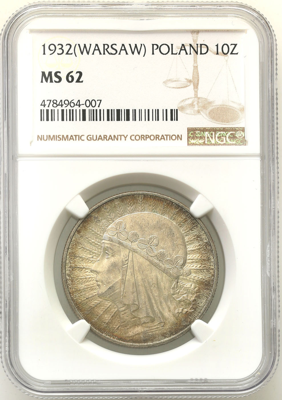 II RP. 10 złotych 1932 głowa kobiety (ze znakiem mennicy) NGC MS62
